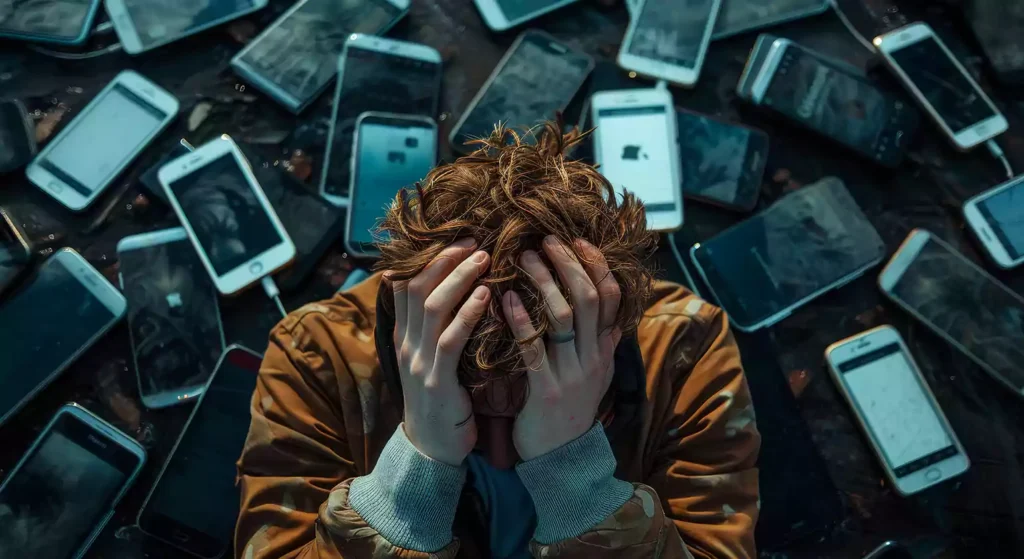Young person sitting with head in hands surrounded by multiple smartphones, symbolizing youth mental health challenges caused by digital overload, social media pressure, and constant screen exposure in the digital age.